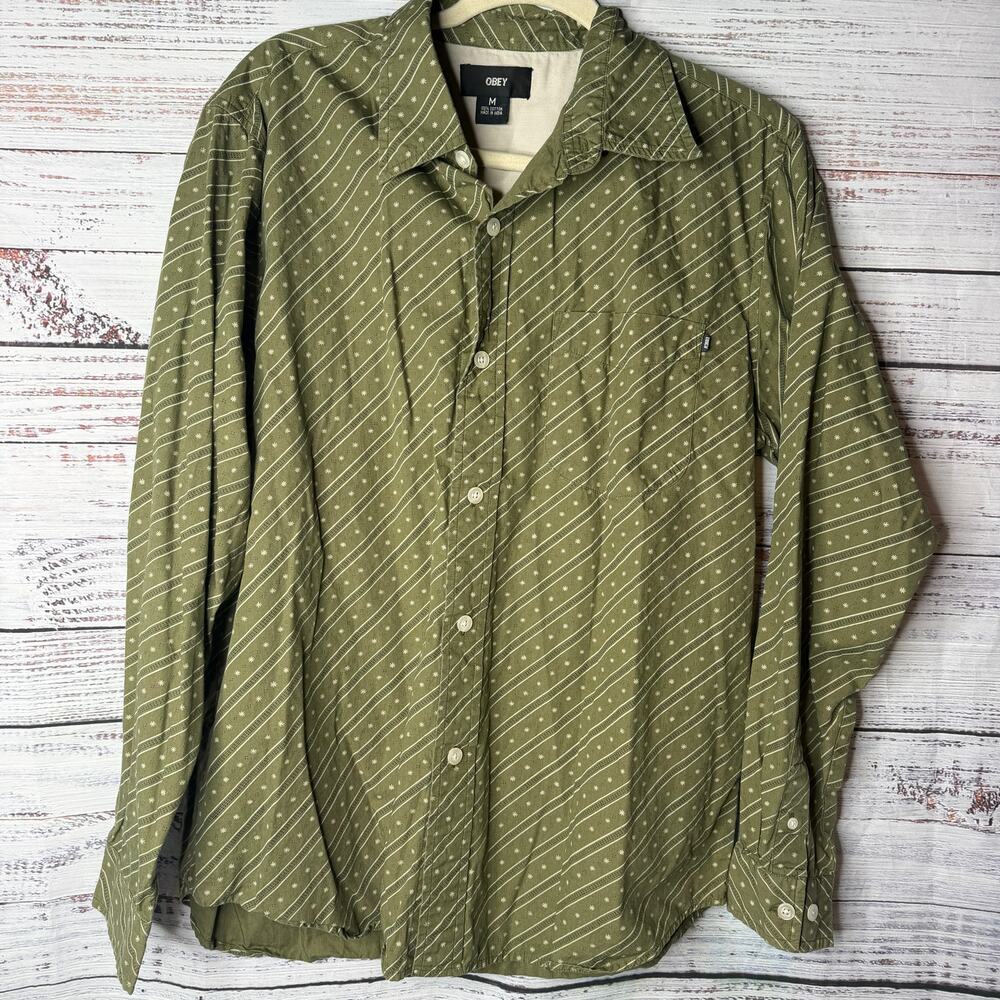 Obey Button Up Shirt Mens Medium Green Striped Pattern Cotton